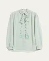 Valentino Crepe Shirt With High Neck And Ruffled Neckline In Sage