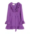 Valentino Garavani Purple Short Dress With V-neck And Ruffles In Virgin Wool And Silk Blend Woman In Purple