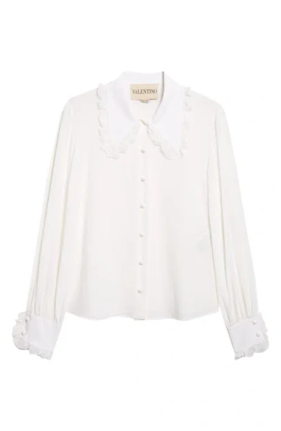 Valentino Ruffle Trim Silk Silk Crêpe De Chine Shirt In White