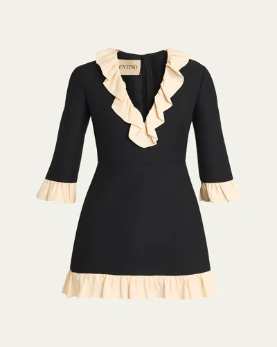 VALENTINO RUFFLE V-NECK 3/4-SLEEVE MINI DRESS