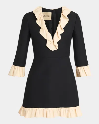 Valentino Ruffle V-neck 3/4-sleeve Mini Dress In Brown