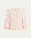 Valentino Ruffle V-neck Lace Trim Silk Shirt In Pink