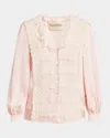 Valentino Ruffle V-neck Lace Trim Silk Shirt In Pink