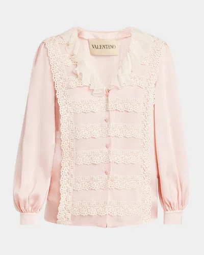 VALENTINO RUFFLE V-NECK LACE TRIM SILK SHIRT