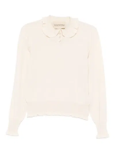 Valentino Ruffled-collar Cashmere Polo Top In Neutral