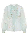 Valentino Silk Shirt With Balloon Sleeves And Floral Print In Blue