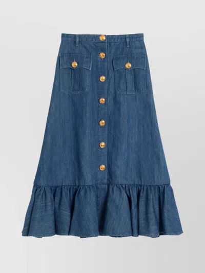 VALENTINO RUFFLED HEM DENIM MIDI SKIRT