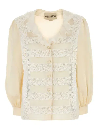 Valentino Ruffled Lace Silk Shirt In Brown