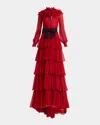 Valentino Ruffled Long Keyhole Chiffon Gown With Bow Detail In Dark Red