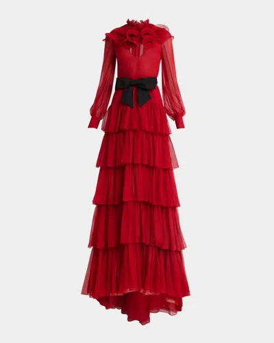 Valentino Ruffled Long Keyhole Chiffon Gown With Bow Detail In Dark Red