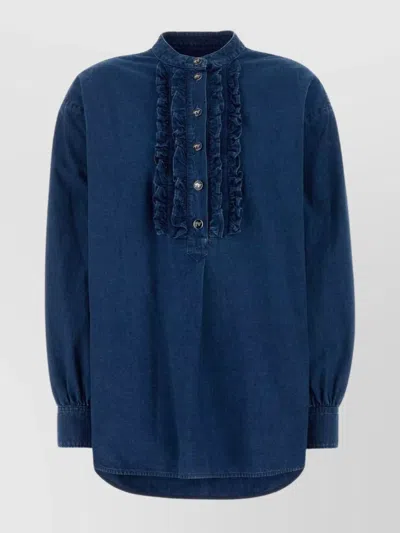 Valentino Ruffled Mandarin Collar Long Sleeve Blouse In Blue