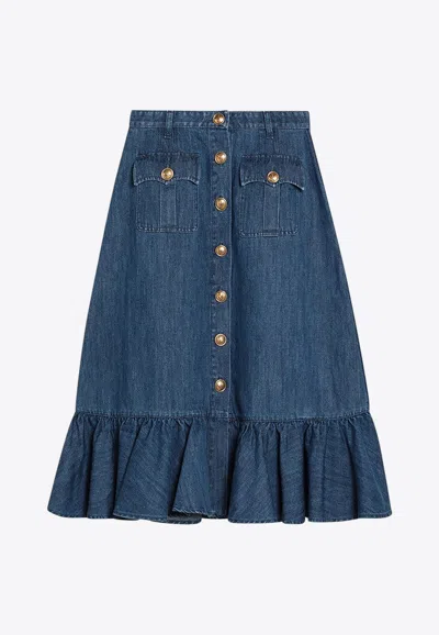 VALENTINO RUFFLED MIDI DENIM SKIRT