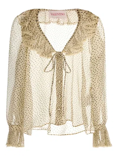 Valentino Lace-trimmed Ruffled Polka-dot Silk-chiffon Blouse In Neutrals