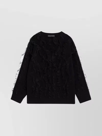 Valentino Ruffled Ribbed Texture Long Sleeve Jumper In Black