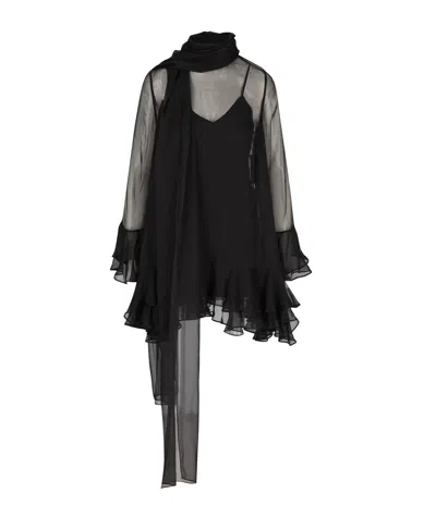 Valentino Silk Chiffon Mini Shirt Dress W/feathers In Black