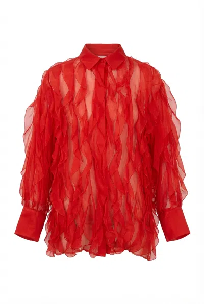 Valentino Ruffled Silk Blouse In Red
