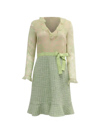 Pre-owned Valentino Ruffled Tweed Long-sleeve Dress In Green
