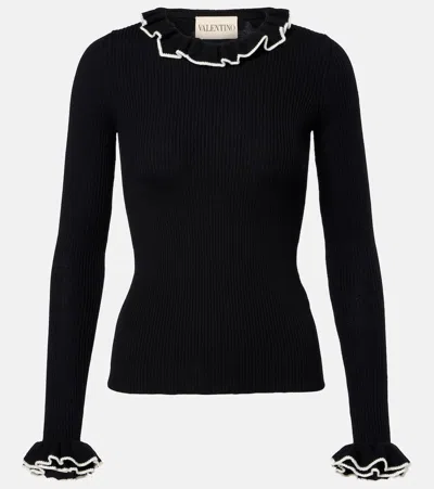 Valentino Ruffled Virgin Wool Sweater In Black