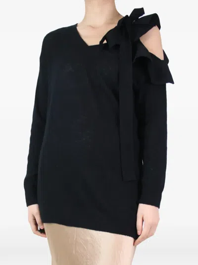 Pre-owned Valentino Ruffled V-neck Open-shoulder Sweater In Black
