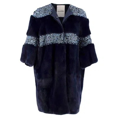 Pre-owned Valentino Runway Navy Floral Sequin Panelled Mink Fur Coat In Blue