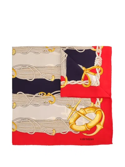 Pre-owned Valentino Sailor-print Silk Scarf In Red