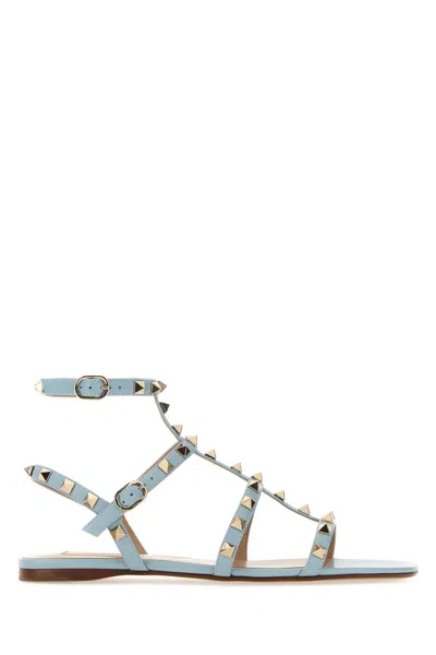 Valentino Garavani Rockstud Flat Calfskin Sandal With Straps Woman Azure 40.5 In Blue