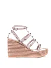Valentino Studded Leather Wedge Sandals With Rafia Platform In Nude & Neutrals