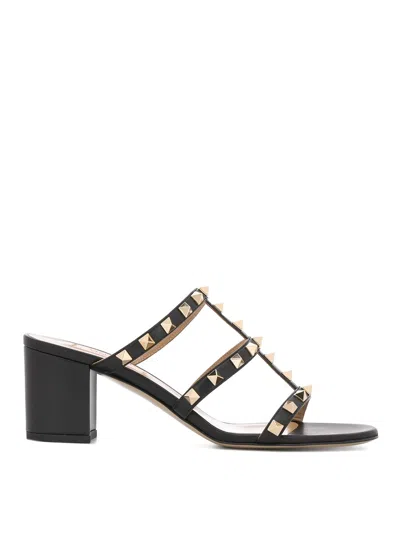Valentino Garavani Rockstud Calfskin Leather Slide Sandal 60 Mm Woman Black 40.5
