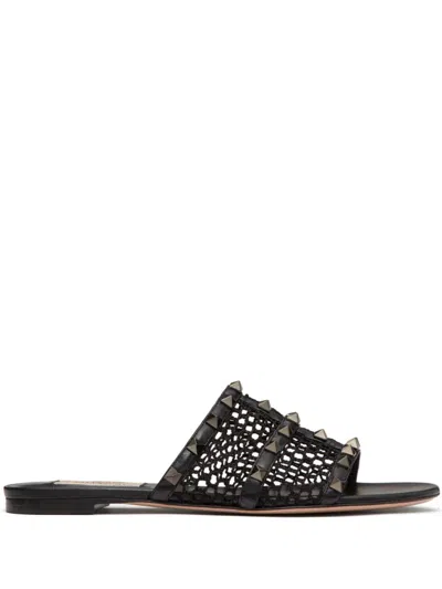 Valentino Garavani Rockstud Fishnet Flat Slides In Black