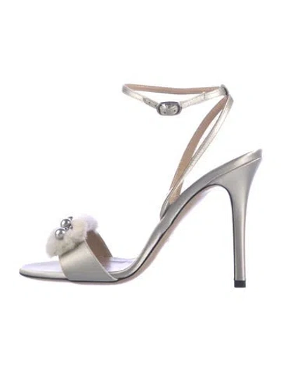 Pre-owned Valentino Garavani Satin Fur Trim Sandals In Silver