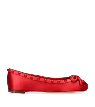Valentino Garavani Womens Red Rockstud Bow-embellished Satin Ballet Flats