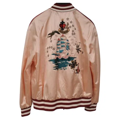 Pre-owned Valentino Satin Varsity Bomber Jacket Cupid Bead Embroidery Us 8 It 44 Pink Silk