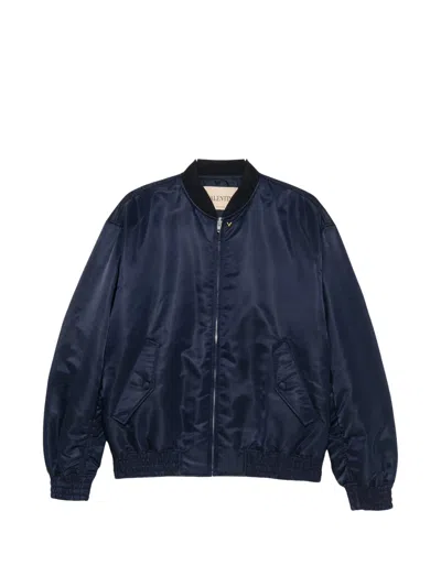 Valentino Satin Zip-up Bomber Jacket With Ribbed Collar And Elasticized Cuffs In Blue