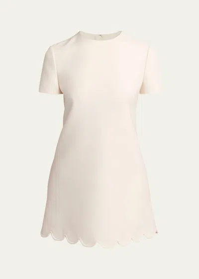 Valentino Scalloped Hem Short-sleeve Mini Shift Dress In White