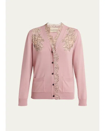 Valentino Scalloped Lace V-neck Cardigan In Matte Bronze