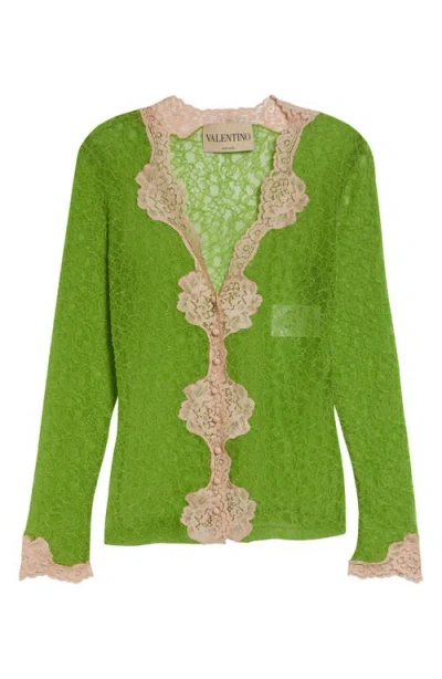 Valentino Scalloped Trim Stretch Lace Cardigan In Green