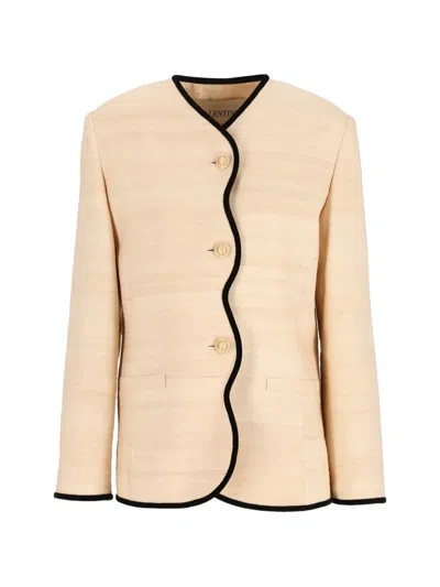 Valentino Scalloped-edge Silk-linen Jacket In Neutrals
