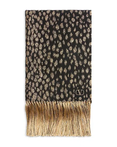 Valentino Metallic Jacquard Animal Fringe Scarf In Brown