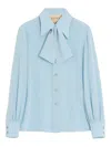 Valentino Bow-neck Silk Button-down Blouse In Blue