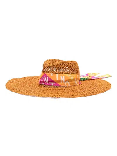 Valentino Scarf-detailed Wide-brim Sun Hat In Brown