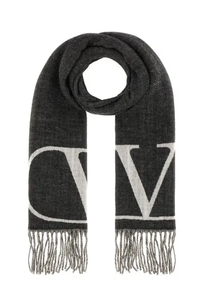 Valentino Garavani Embroidered Wool Blend Scarf In Grigio Nero Bianco