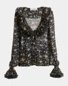 Valentino Semi Sheer Flower Print Blouse In Black Multi