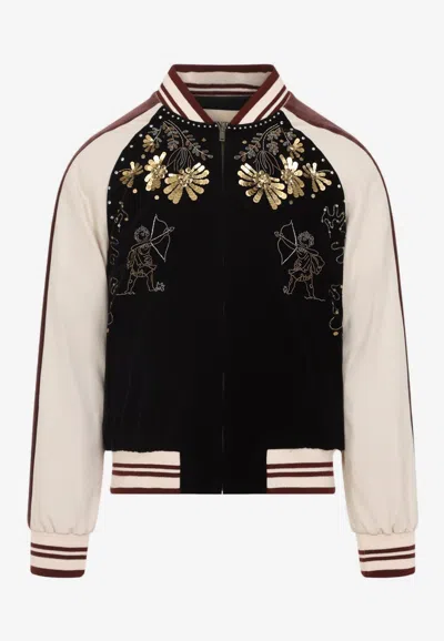 VALENTINO SEQUIN AND BEAD-EMBELLISHED VELVET BOMBER JACKET