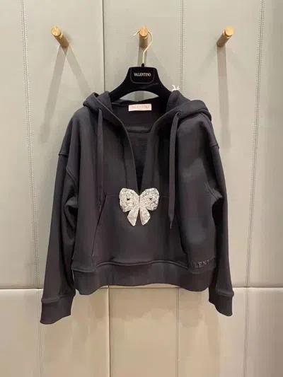 Valentino Sequin Bow Cotton Hoodie In Black