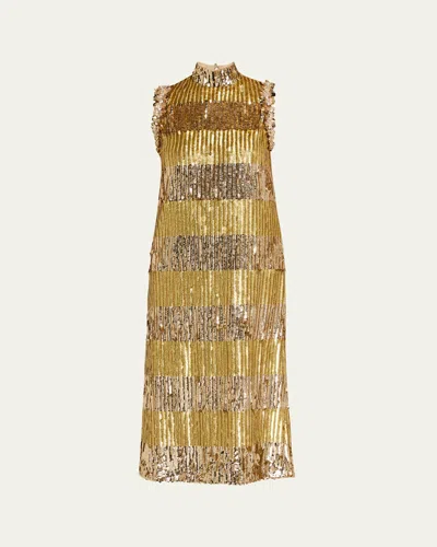 Valentino Sequin Embroidered Tulle Sleeveless Midi Dress In Gold