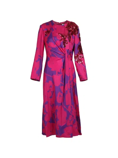 Valentino Sequin-detail Floral-print Midi Dress In Pink
