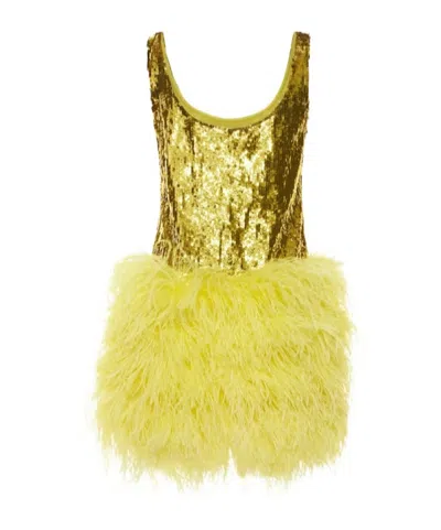 Valentino Sequined Mini Dress W/ Feathers In Green
