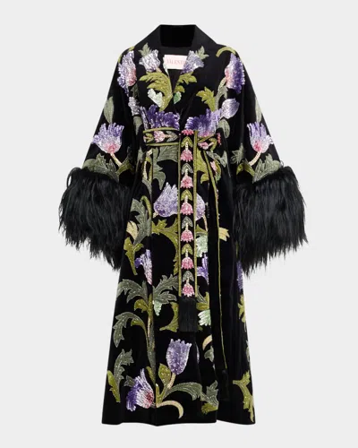 Valentino Sequined Velvet Wrap Coat With Goat Shearling Trim In Black Multi