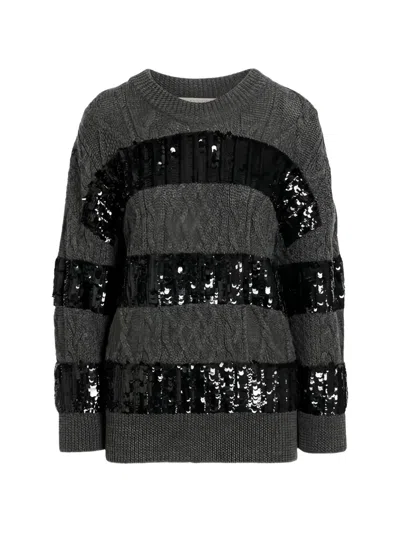Valentino Sequin-embellished Cable-knit Sweater In Gray