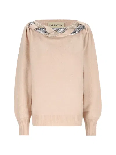 Valentino Sequin-embellished Twisted-neck Sweater In Pink